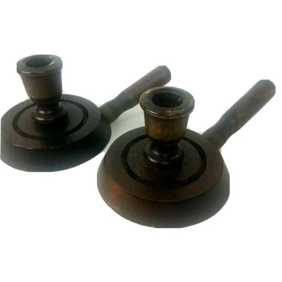 Two Vintage Wooden Handled Chamberstick Candleholders Rustic Granny Chic Charm - Picture 3 of 6